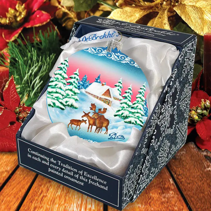 Winter Moose Family Ball Glass Ornament Holiday Splendor