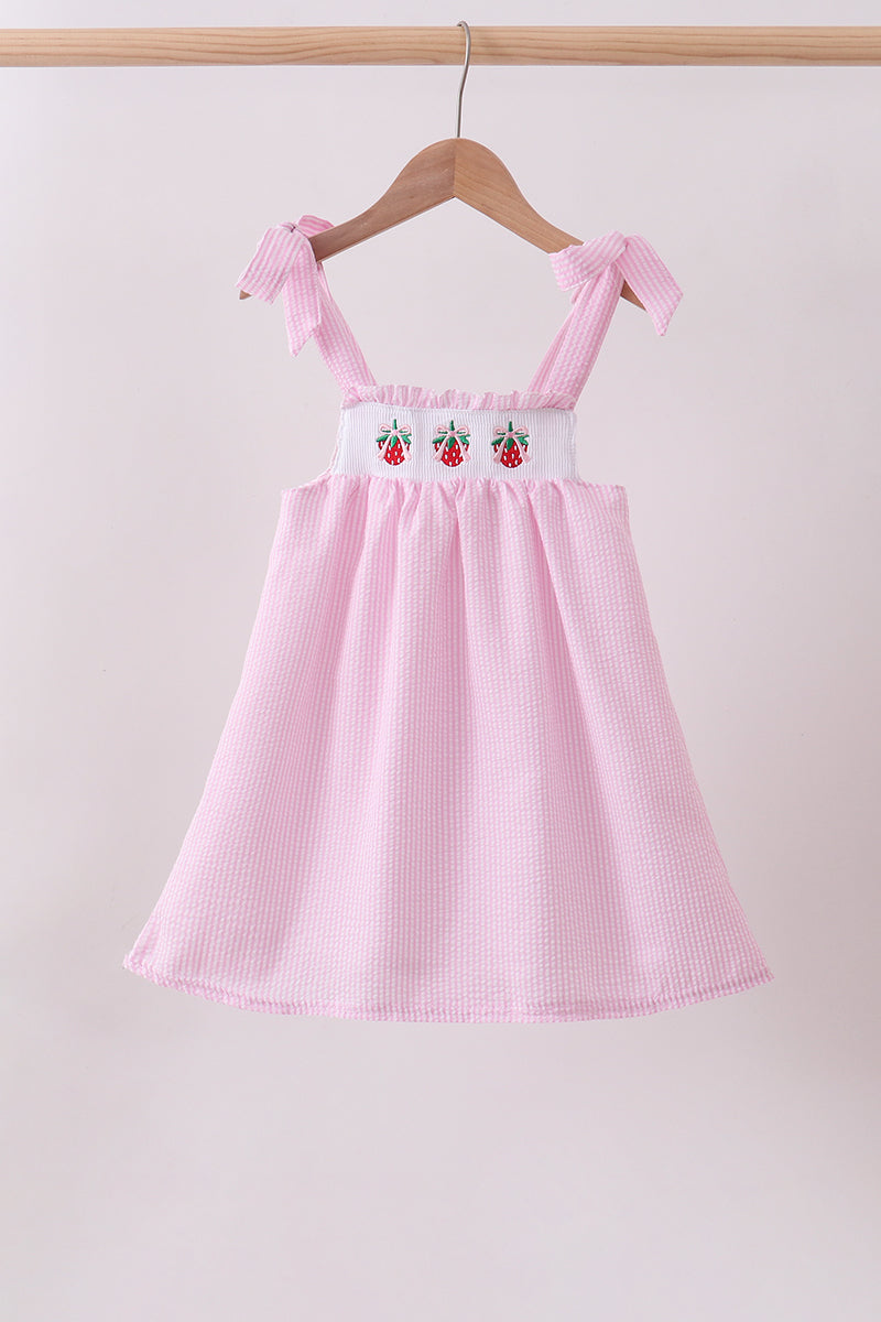 Pink stripe seersucker strawberry smocked dress – E & C Creations