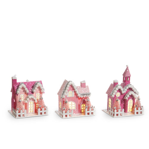 5" LIGHTED PINK VILLAGE ORNAMENT