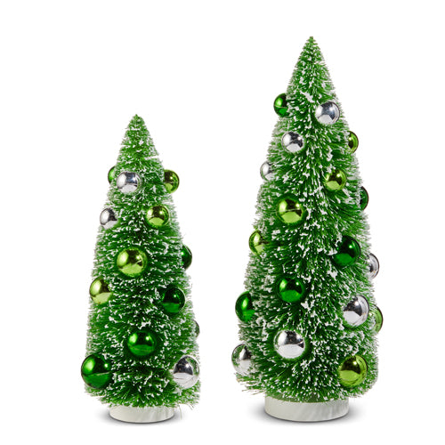 BOTTLE BRUSH TREES WITH GREEN ORNAMENTS
