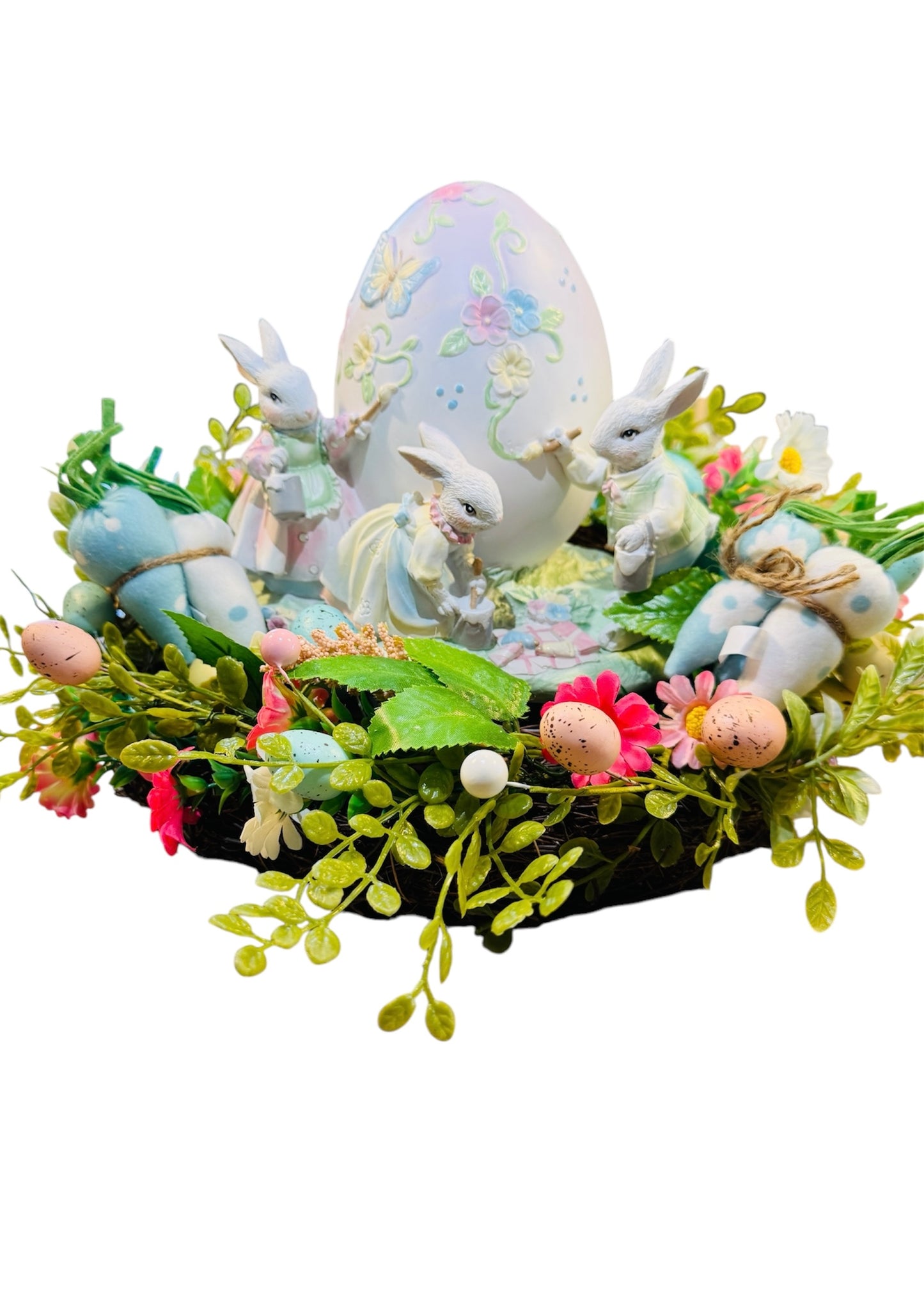 10" RESIN EASTER BUNNY FAMILY PAINTING EGG CENTERPIECE