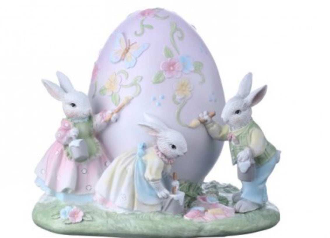 10" RESIN EASTER BUNNY FAMILY PAINTING EGG CENTERPIECE