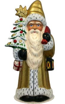 1633 Schaller Paper Mache Candy Container - Santa Gold with Tree and Package