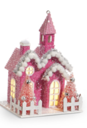 5" LIGHTED PINK VILLAGE ORNAMENT