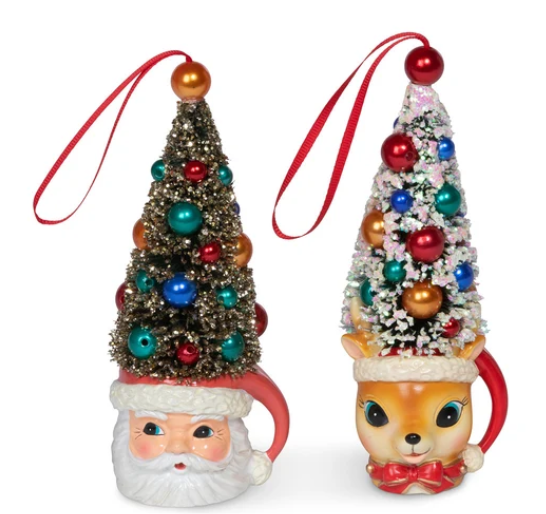 Retro Deer and Santa Mug with Sisal Tree Ornament
