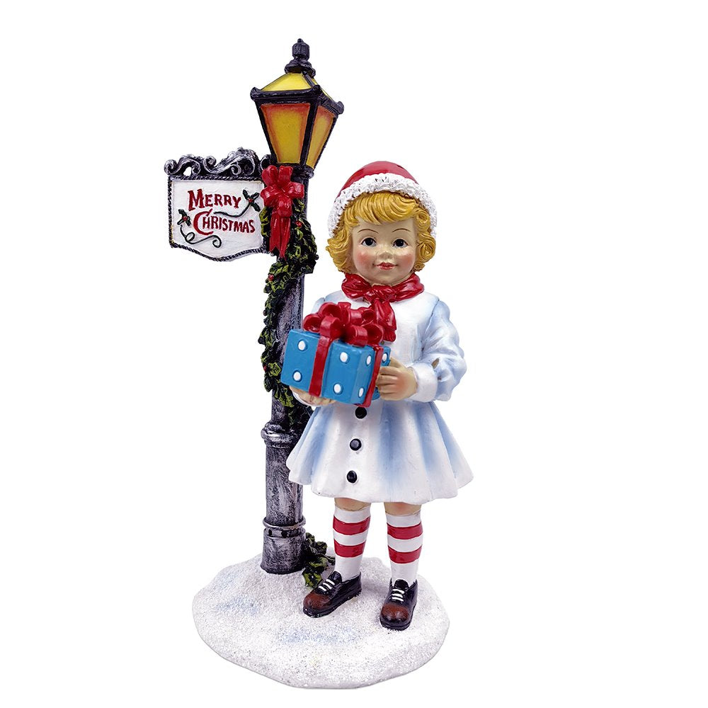 Victorian Style Christmas Girl and Street Lamp Tabletop Figurine, 8" Vintage Holiday Statue of a Gift Carrying Belle