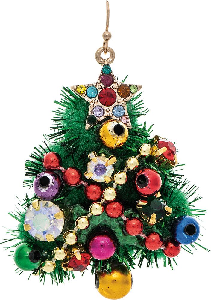 Gold Green Tinsel Ball Tree Christmas Earring