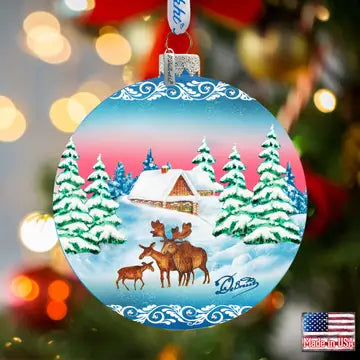Winter Moose Family Ball Glass Ornament Holiday Splendor