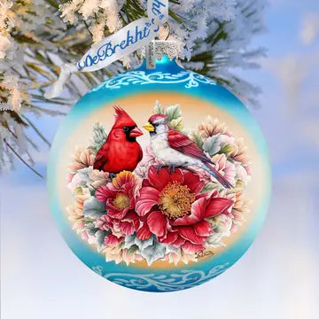Romantic Cardinals Ball Glass Ornament