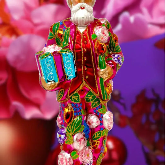 Pink Flower Santa Claus Polish Glass Christmas Ornament