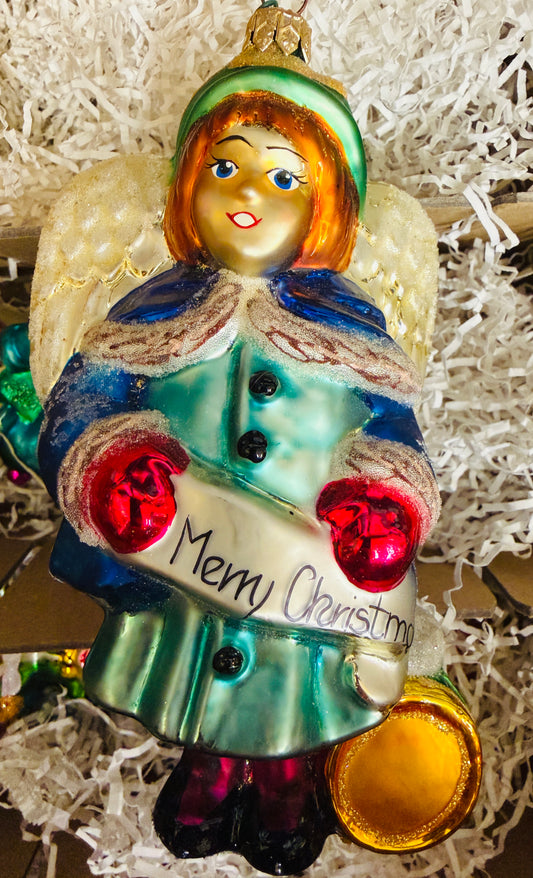 Christopher Radko Winged Angel Merry Christmas Ribbon Glass Tree Ornament