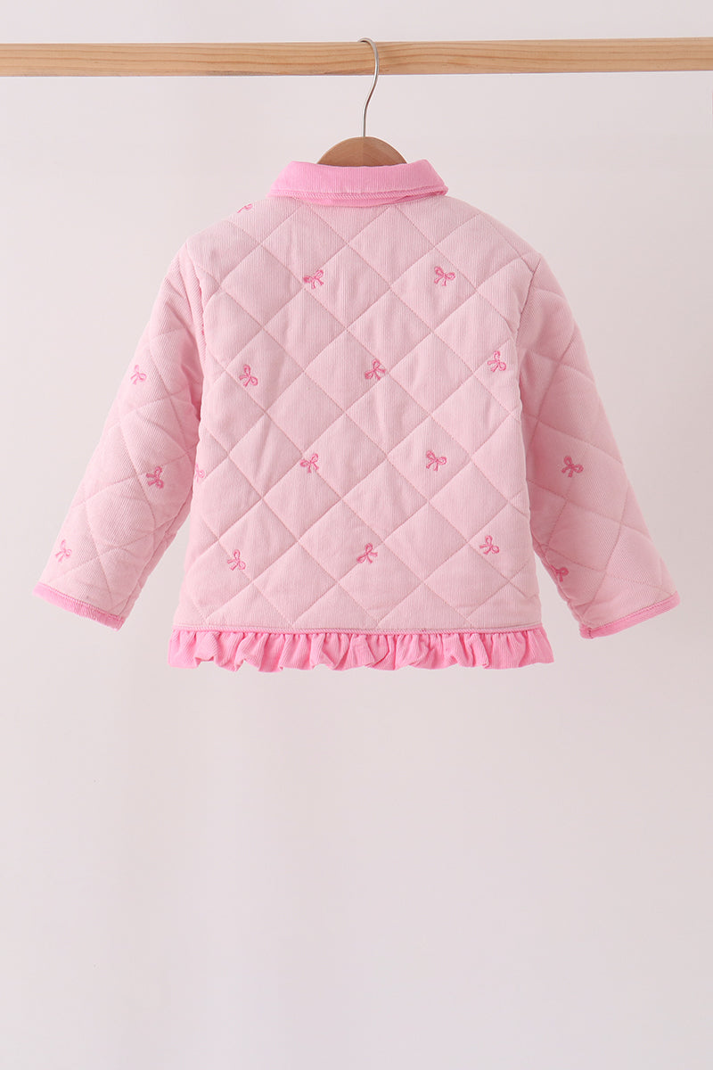 Pink corduroy bow embroidery ruffle jacket