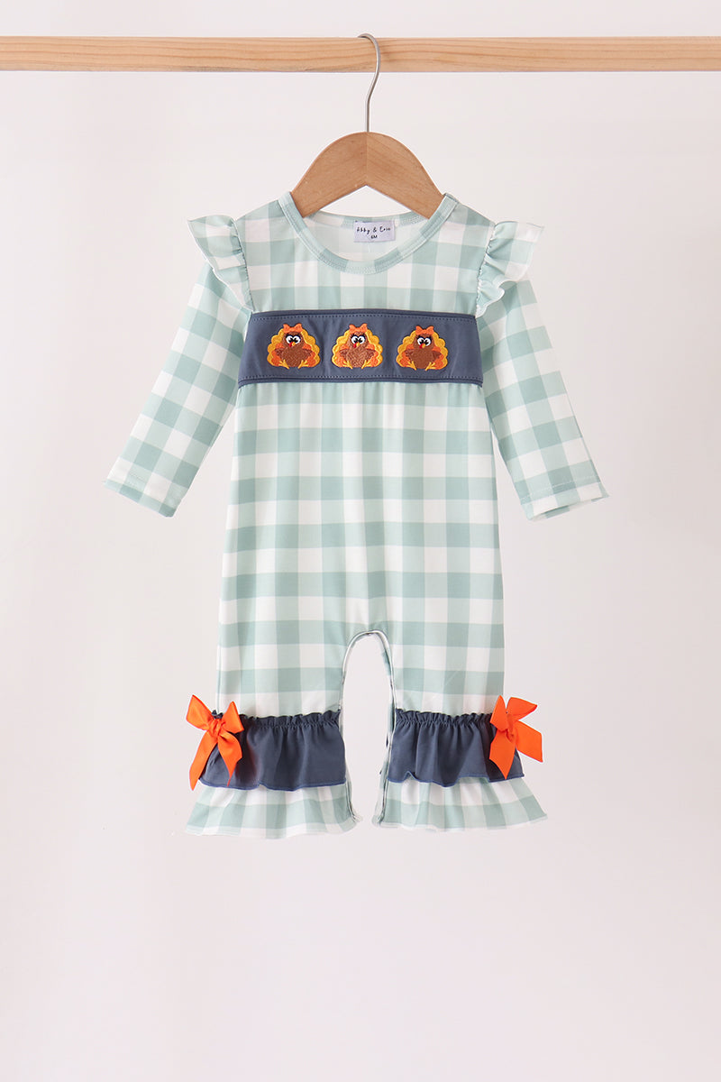 Sage Turkey Embroidery Gingham Ruffle Romper