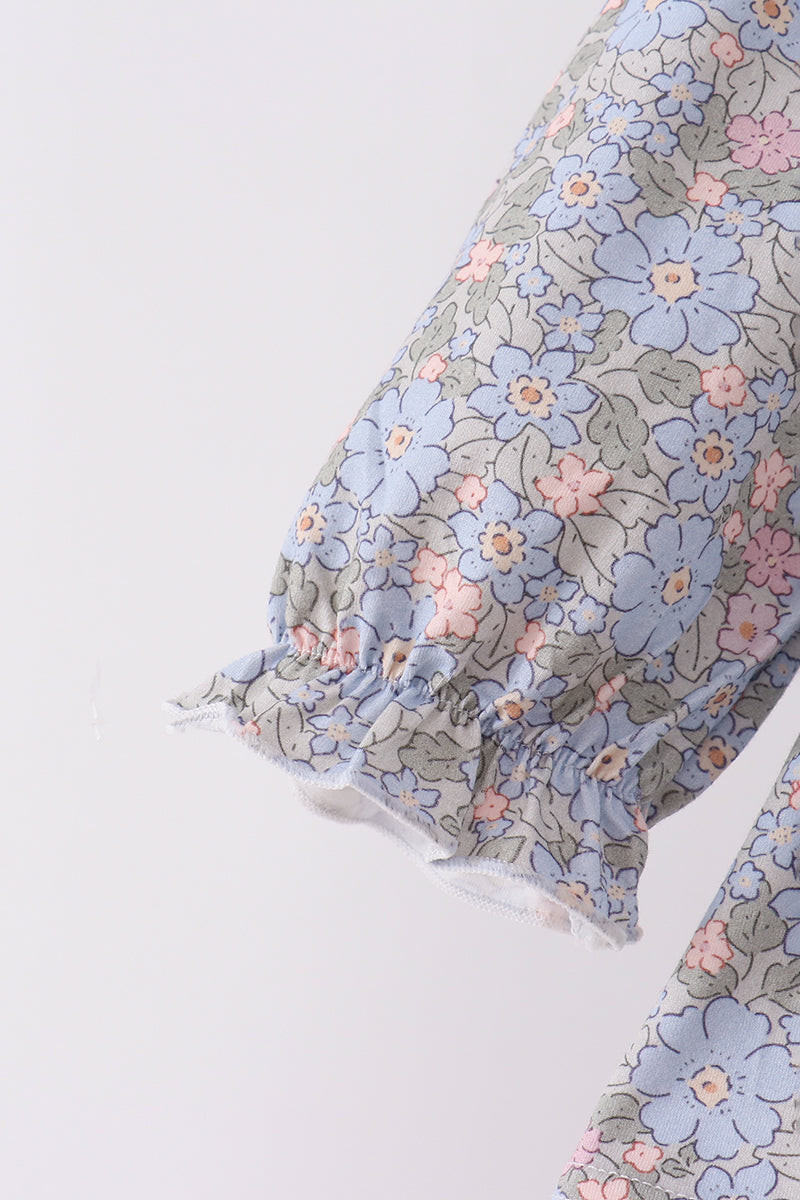 Blue Floral Bow Smocked Bloomer Set