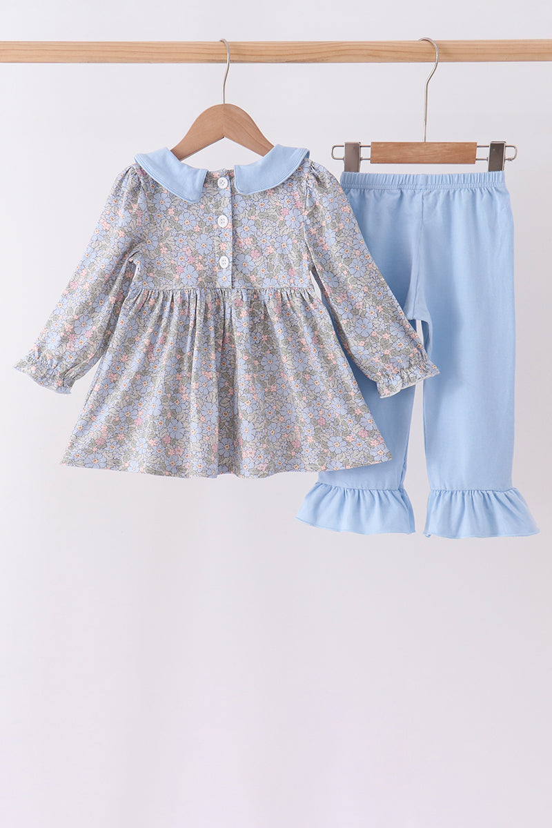 Blue Floral Bow Smocked Ruffle Pants Set