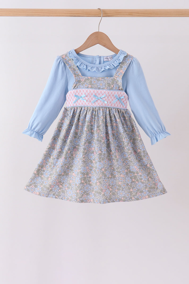Blue Floral Bow Smocked 2pc Set
