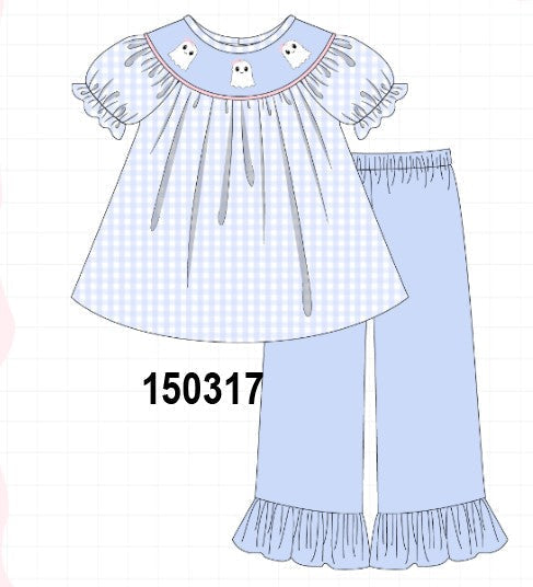 Blue ghost embroidery gingham ruffle pants set