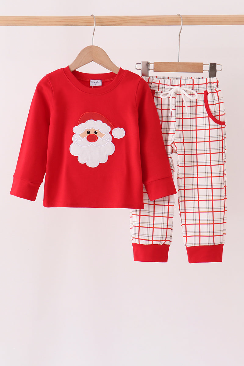 Red Santa Applique Plaid Pants Set