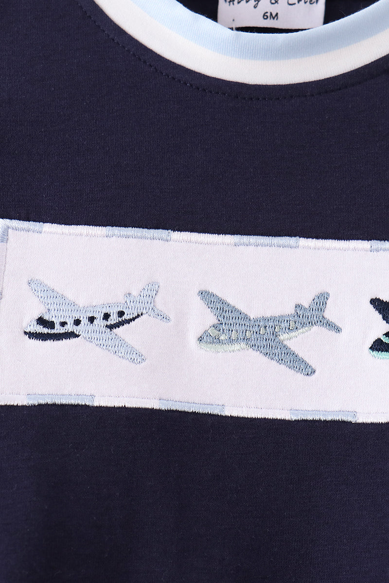 Navy Airplane Embroidery Romper