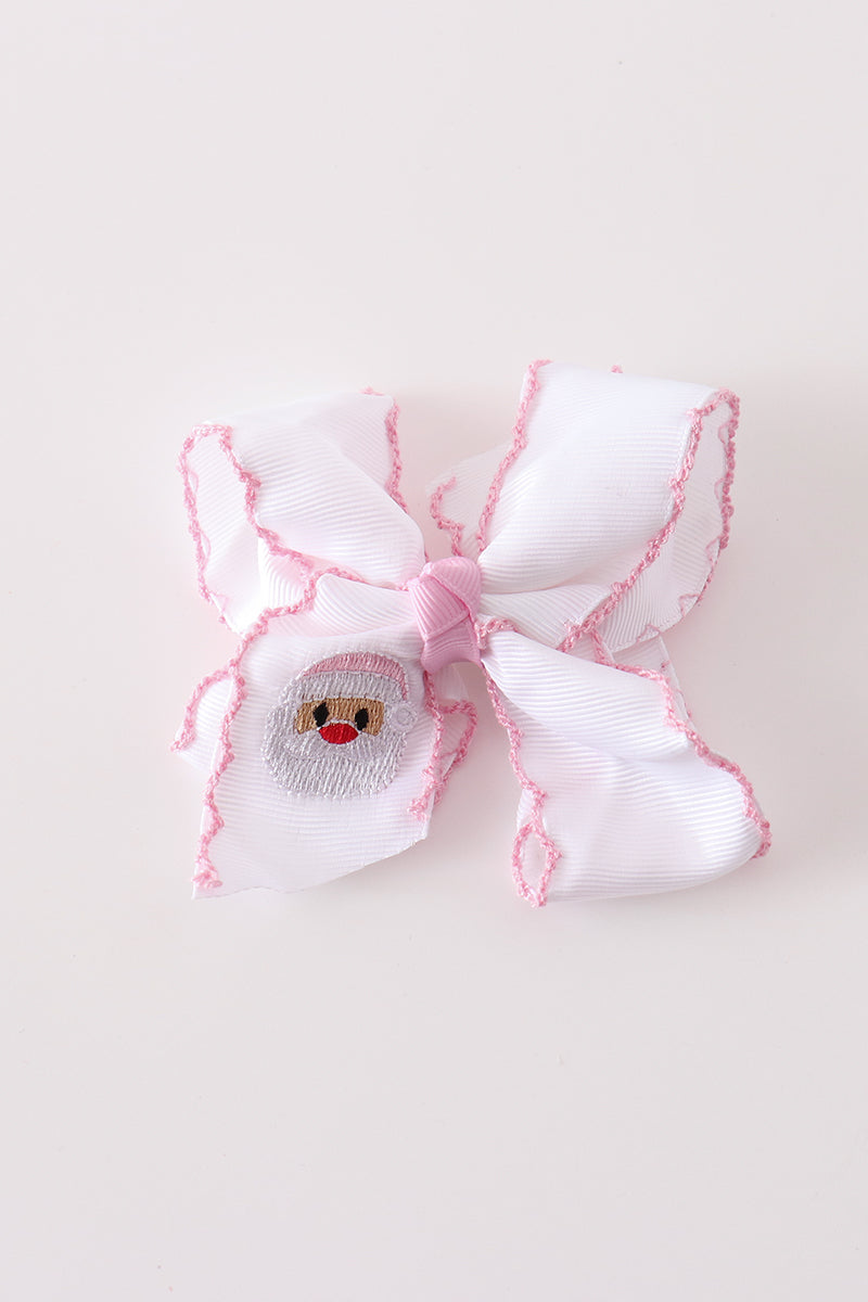 Pink santa claus embroidery crochet edge hair bow