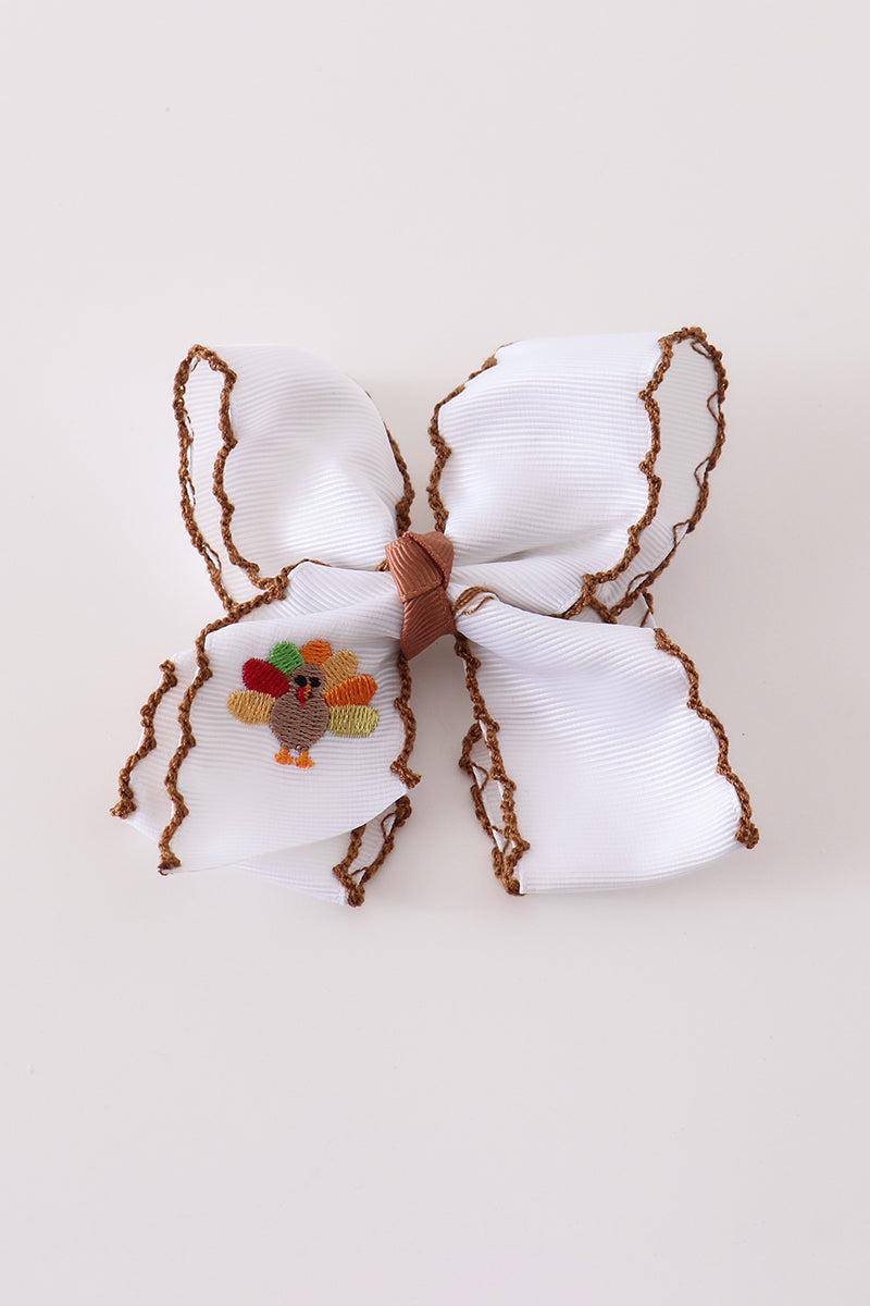 Brown turkey embroidery crochet edge hair bow