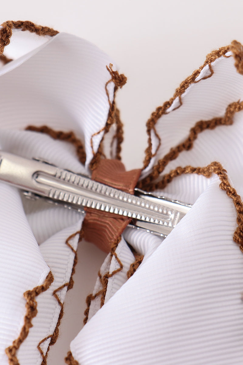 Brown turkey embroidery crochet edge hair bow