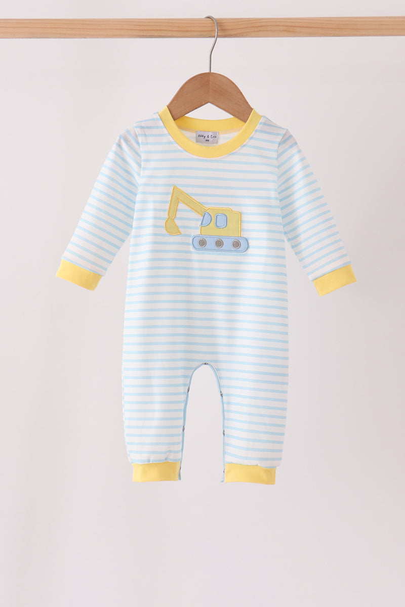 Blue Excavator Applique Stripe Romper
