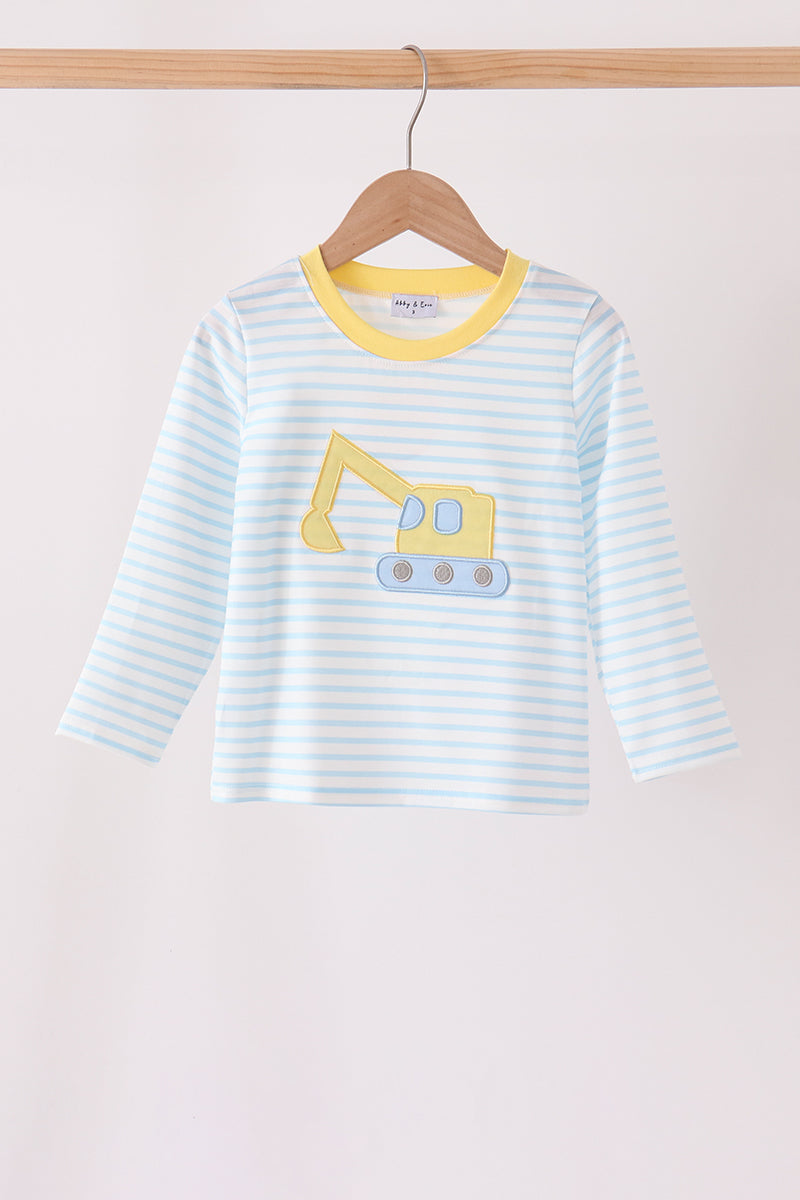 Blue Excavator Applique Stripe Top