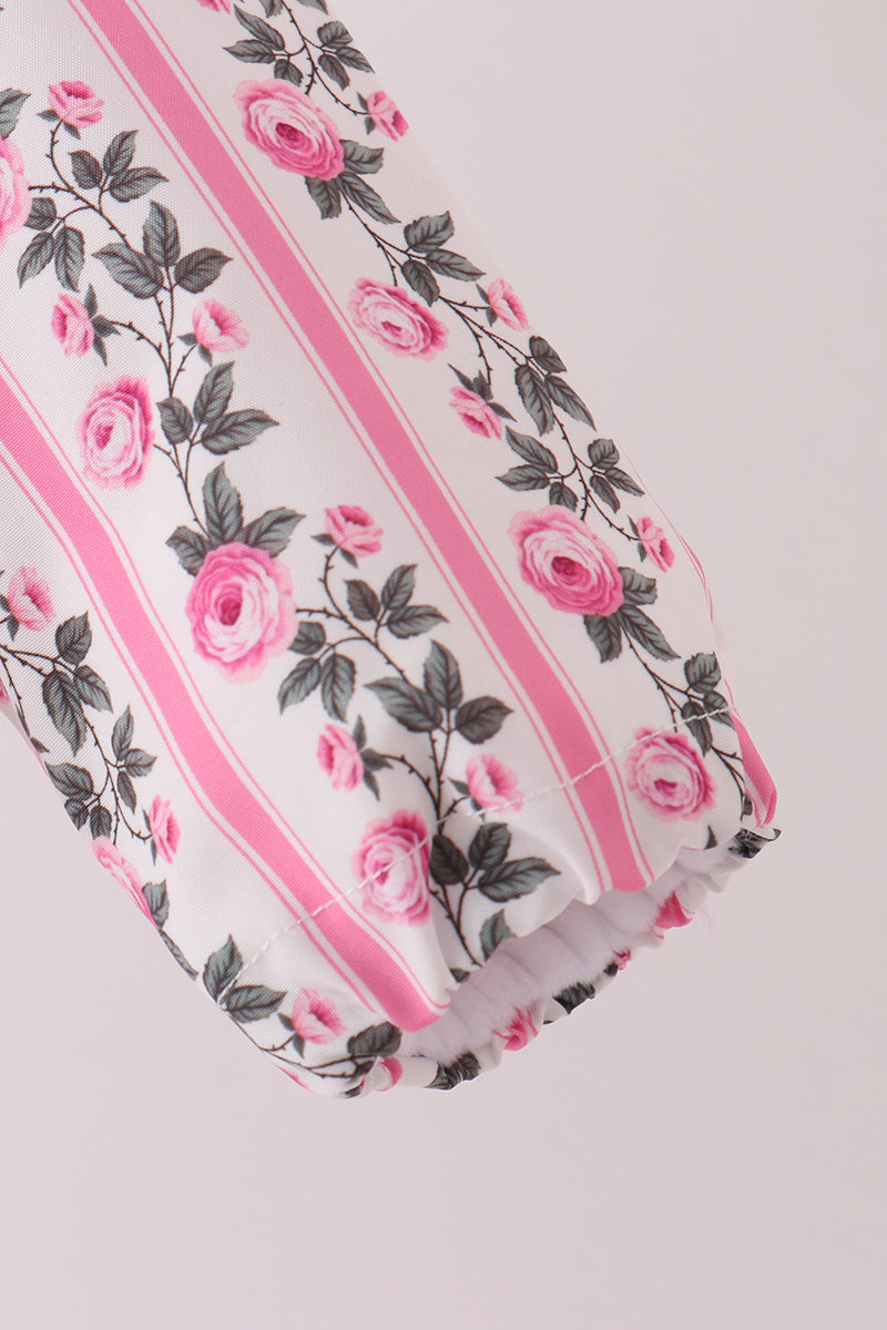Pink Floral Stripe Ruffle Raincoat