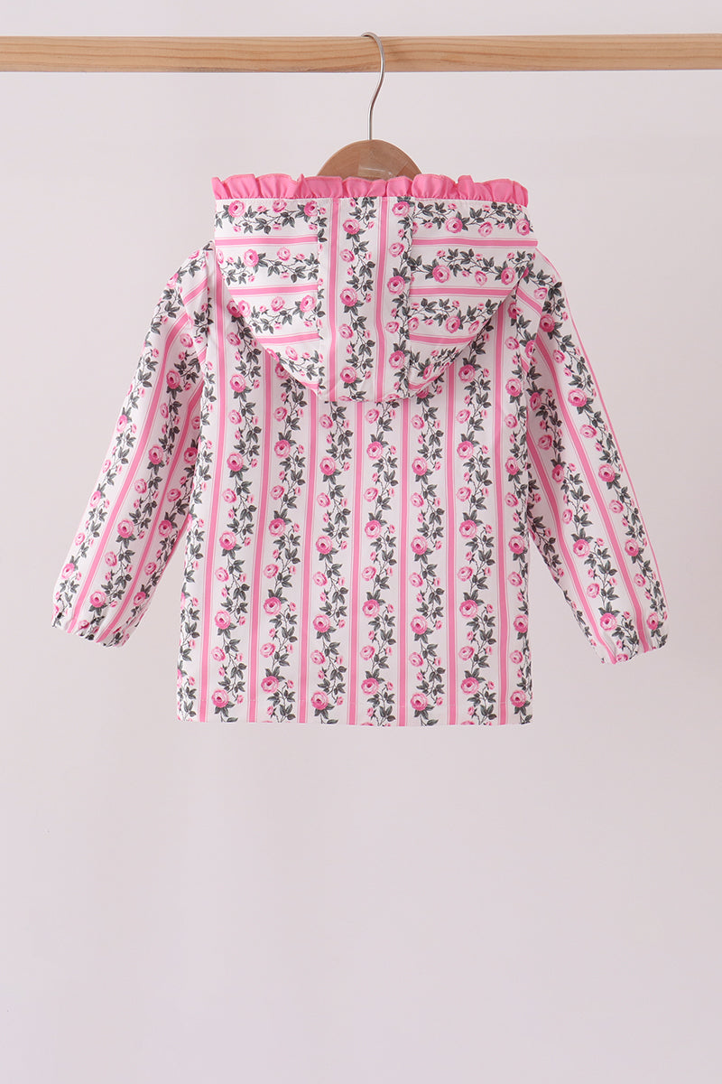 Pink Floral Stripe Ruffle Raincoat