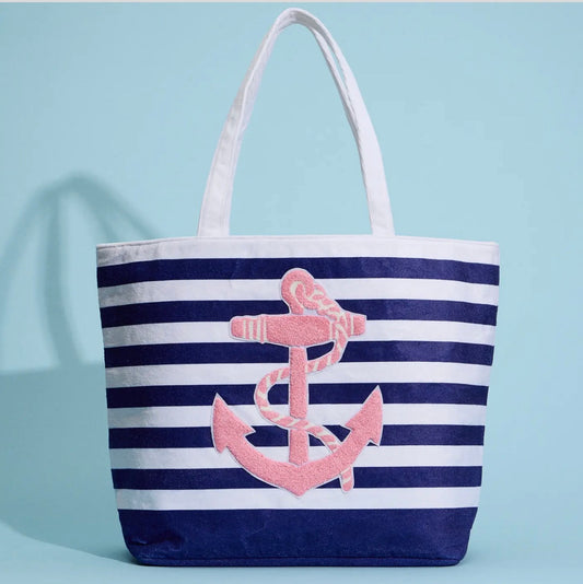 Striped Tote Bag with Anchor Design