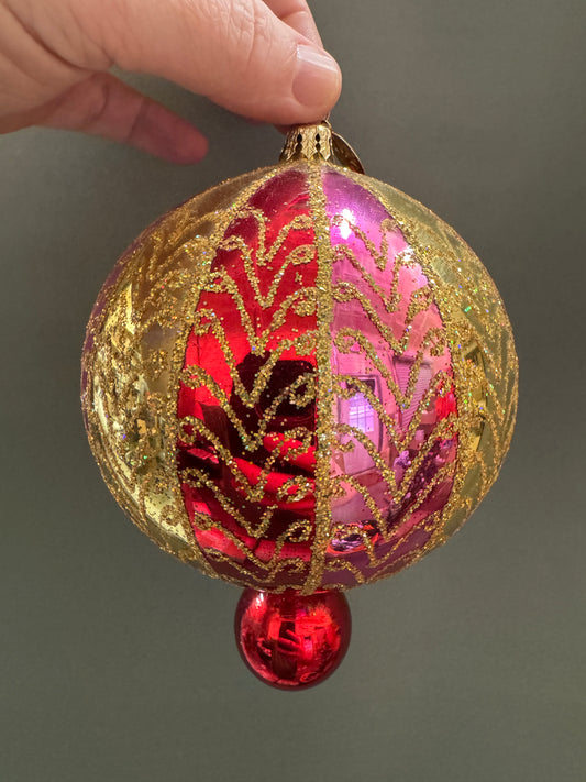 Christopher Radko Glass Ornament GILDED CHARMS Drop Ball 01-0345-0 Pink & Red