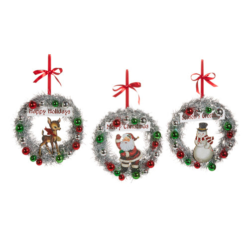 8" Vintage Tinsel Wreath Greeting Ornament