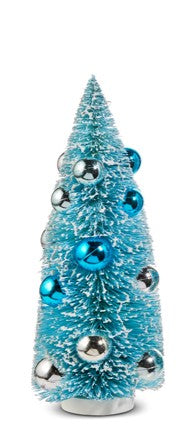 BOTTLE BRUSH TREES WITH BLUE ORNAMENTS