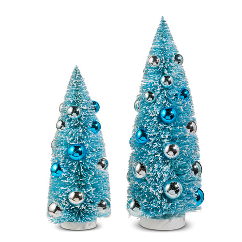 BOTTLE BRUSH TREES WITH BLUE ORNAMENTS