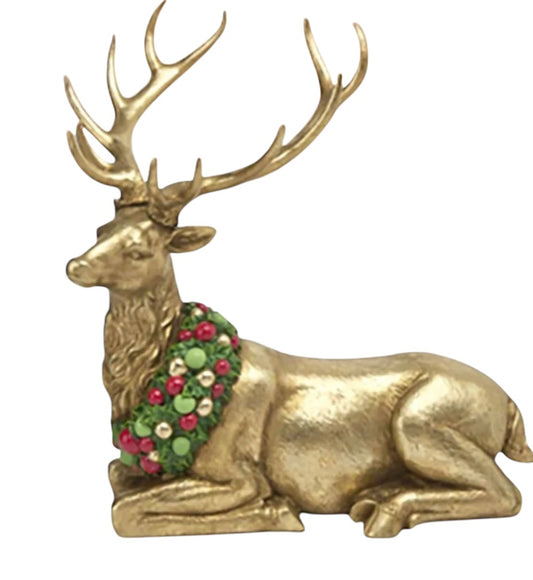 17" Gold Laying Deer With Wreath Over Neck