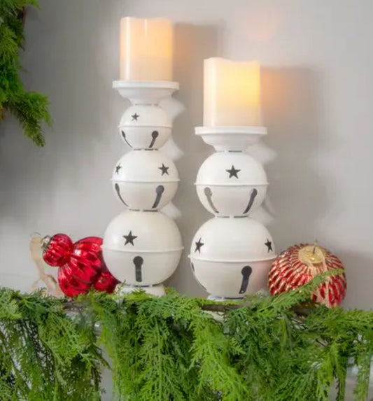 10-12.5" MTL JINGLE BELLS CANDLE HOLDER SET/2