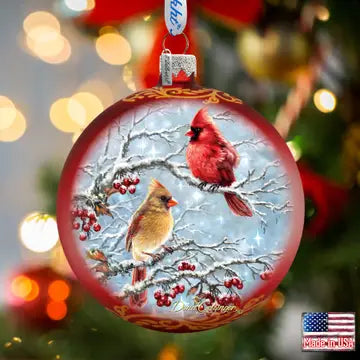 Winter Cardinals Glass Ornament Holiday