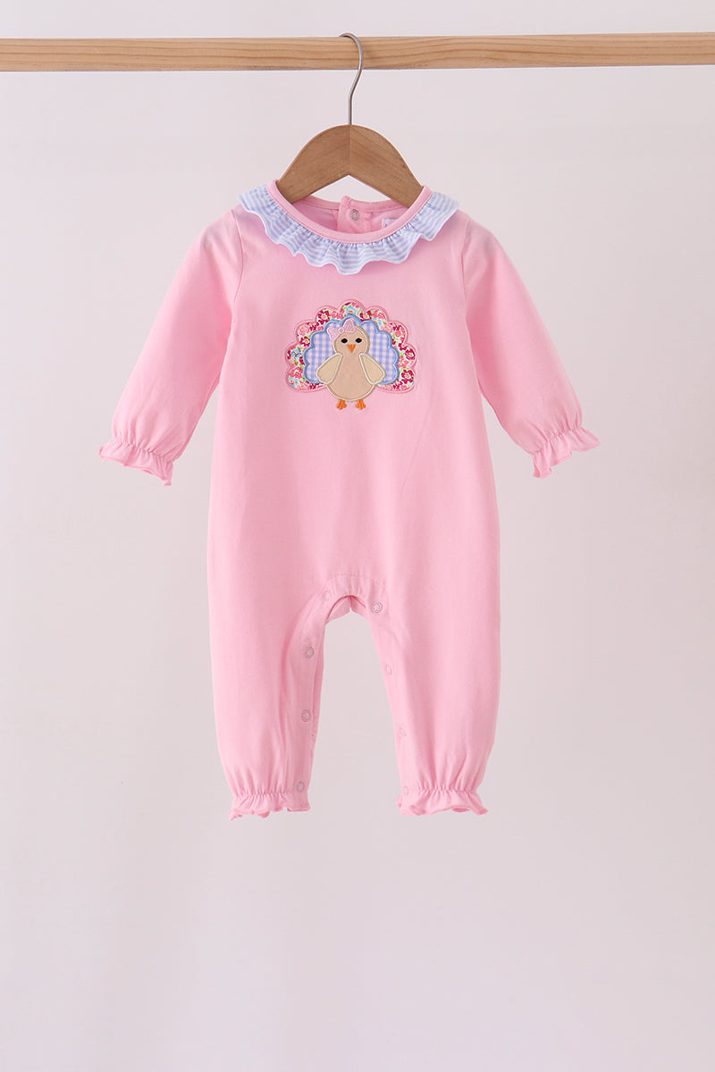 Pink turkey embroidery ruffle romper