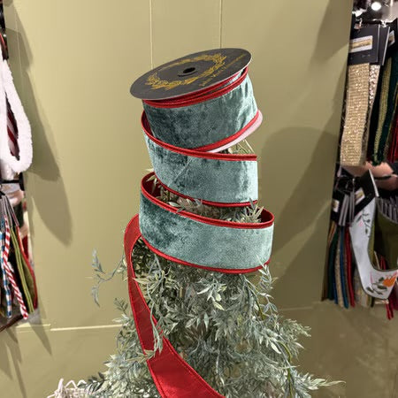 Green Velvet DBL Fused Metallic Dupion Red Piping 2.5x10yd