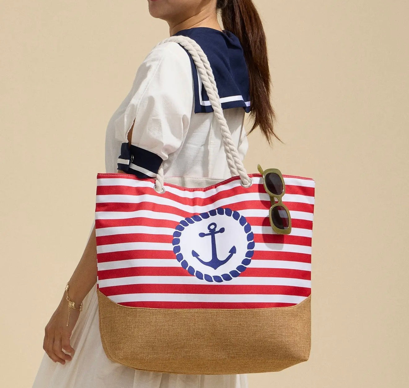 Striped Anchor Polyester Tote with Rope Handles