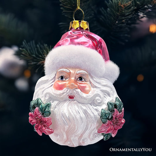 Enchanting Pink Santa Head Glass Ornament, Vintage Christmas Tree Decor