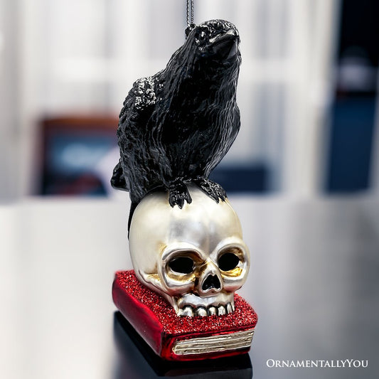 Raven on Skull and Book Glass Ornament, Horror Edgar Allan Poe Decoration