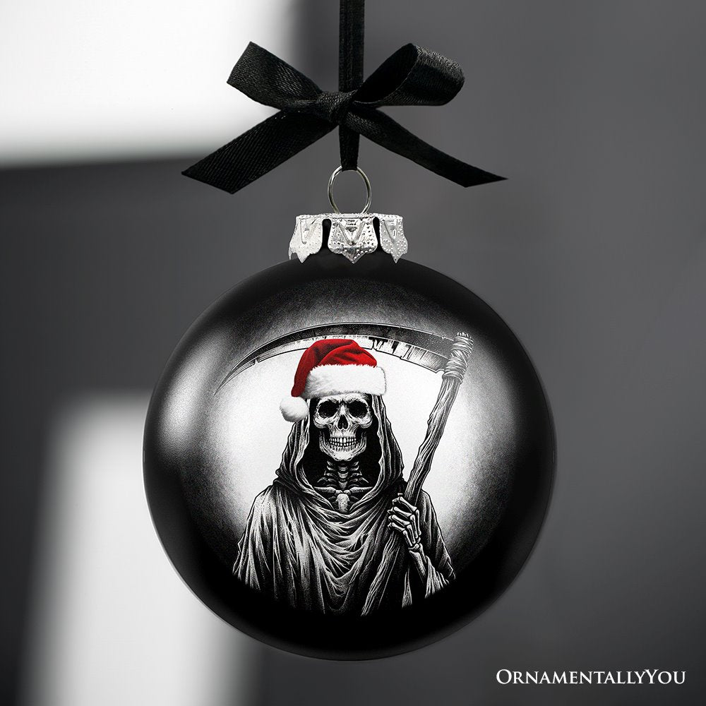 Grim Reaper Christmas Spooky Portrait Glass Ornament, Black Horror Halloween Tree Decoration