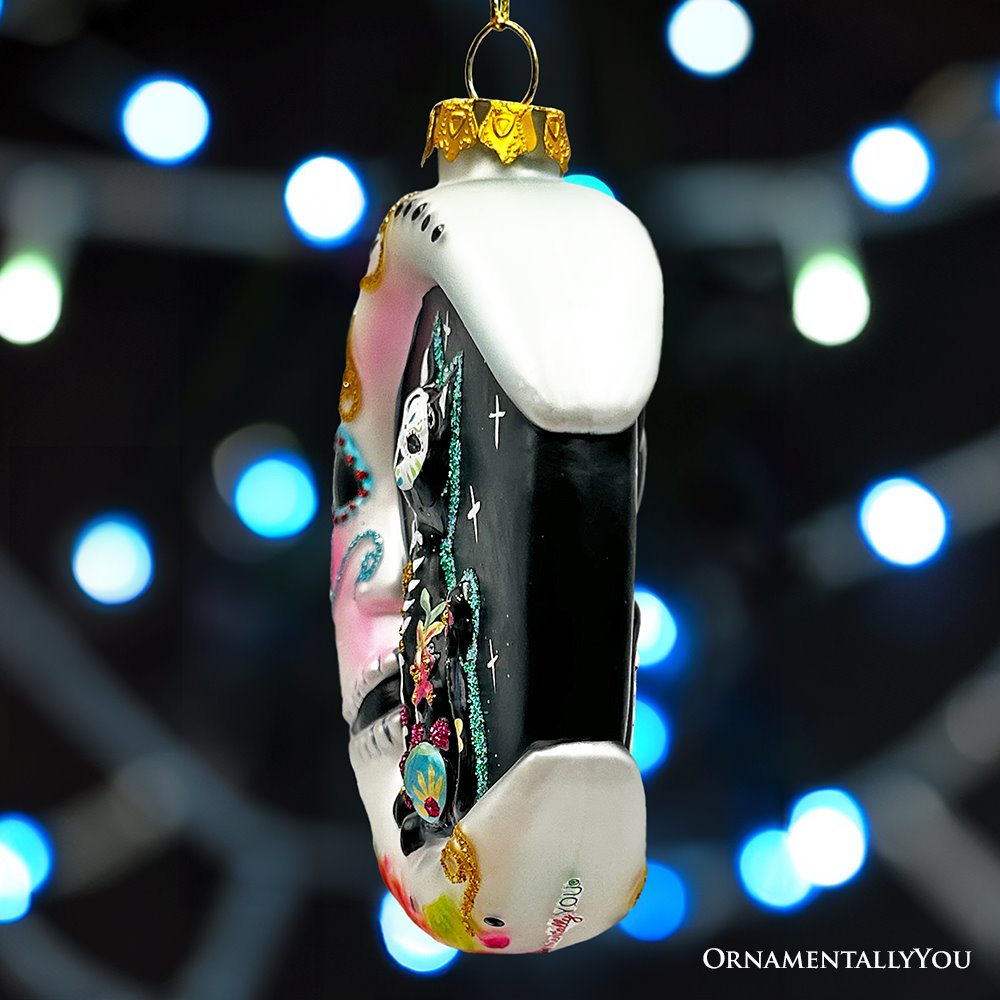 Folkloric Siamese Cat Sugar Skull Glass Ornament, Celestial Crescent Moon Halloween Decor