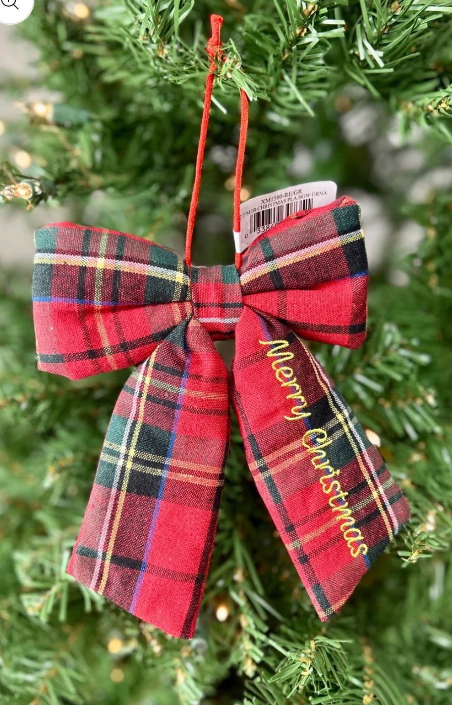 7.5 Inch Red Green Plaid Merry Christmas Bow Ornament