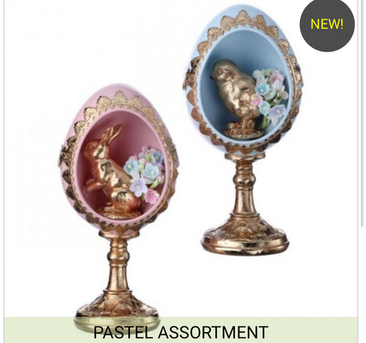 7" RESIN EGG PEDESTAL W/BUNNY/CHICK Set