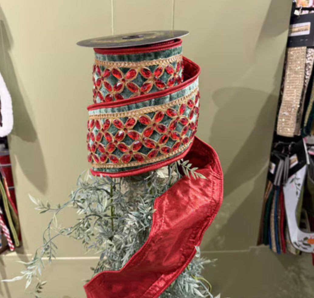 Green Velvet Red Floret Center Metallic Dupion Trim Red 4x5yd
