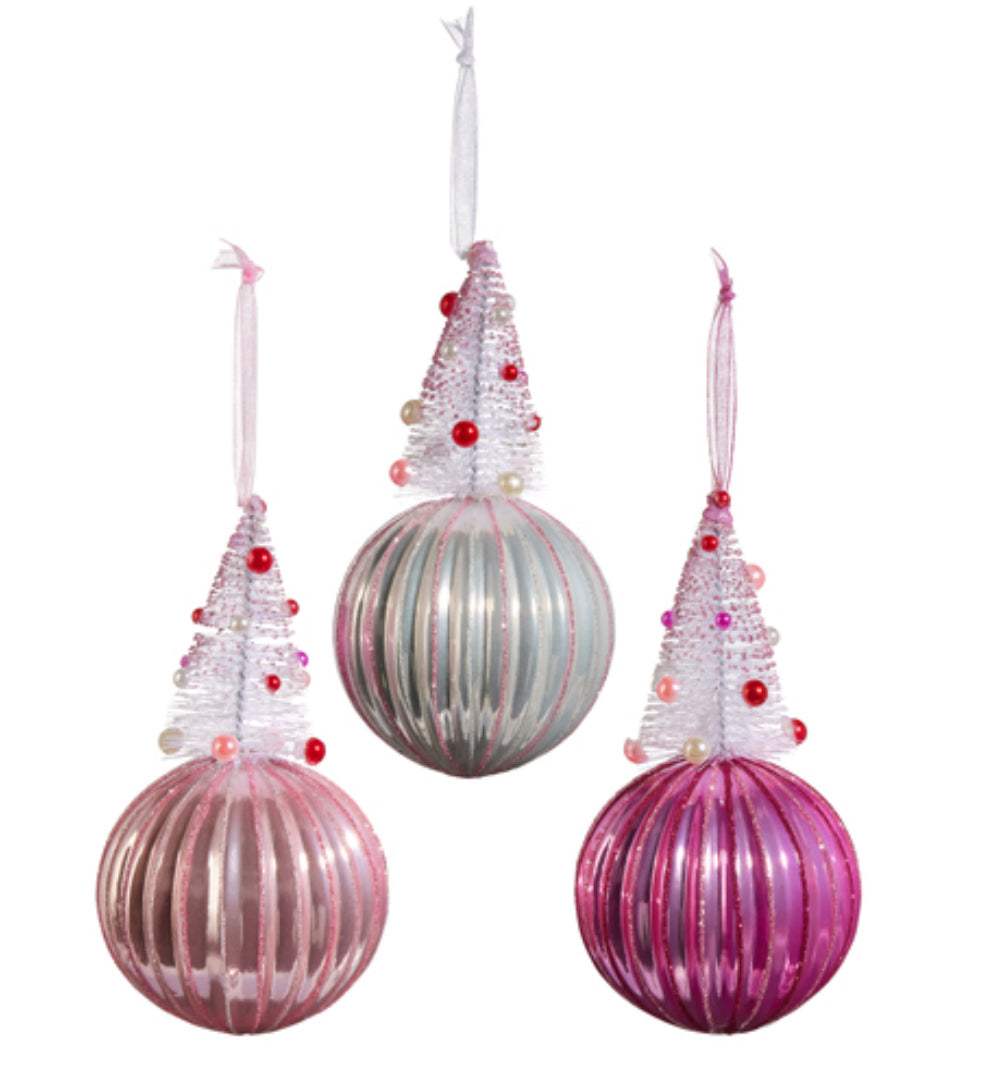6” Pink Bottle Brush Tree on Ball ornament