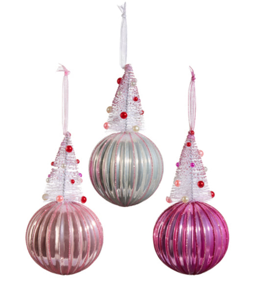 6” Pink Bottle Brush Tree on Ball ornament